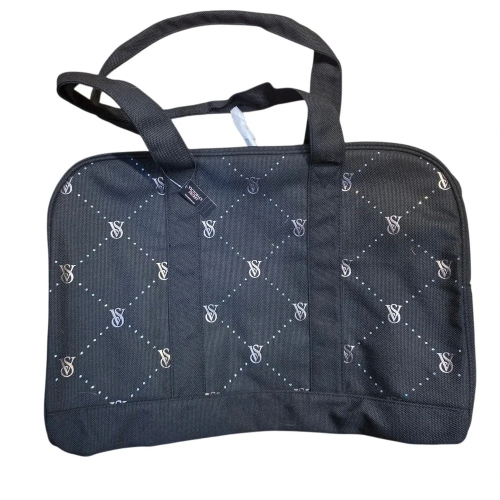 Victoria's Secret Black Canvas Tote Bag Silver Monogram Rhinestone Zip‎ Top NEW